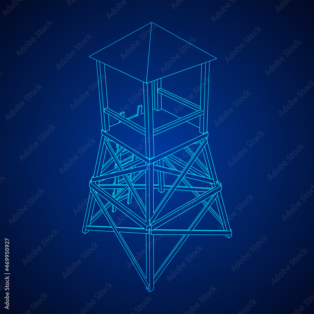 Watchtower or observation tower for hunters. Wireframe low poly mesh vector illustration.