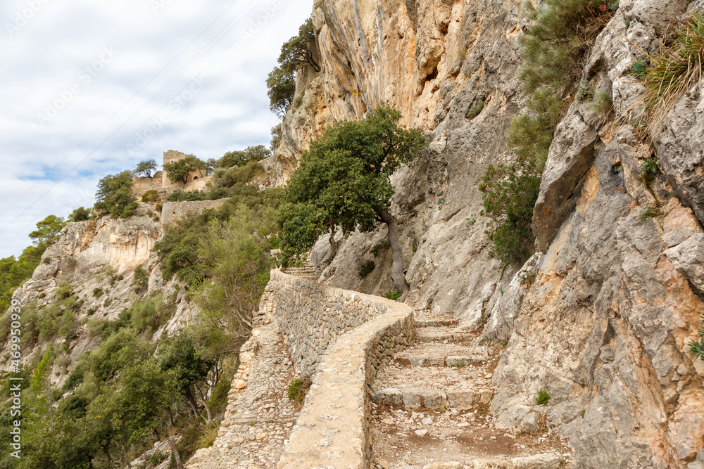 Stairs stairway to castle Castell d'Alaro hiking trail path way on Mallorca travel traveling holidays vacation in Spain