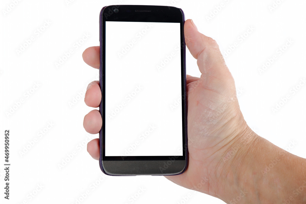 the hand holds a smartphone with a white screen for text.mockup copy space the hand holds a smartphone with a white screen for text.mockup copy space