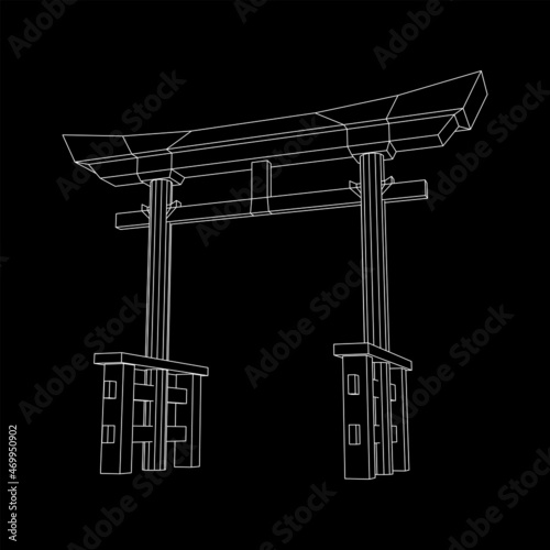 Torii sacred traditional gate. Symbol of Japan,shintoism religion. Japanese Tori arch ancient entrance. Wireframe low poly mesh vector illustration