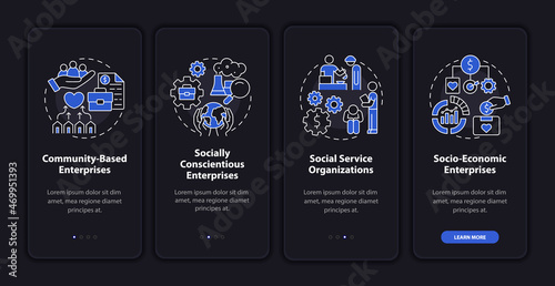 Social entrepreneur focus dark onboarding mobile app page screen. Walkthrough 4 steps graphic instructions with concepts. UI, UX, GUI vector template with linear night mode illustrations