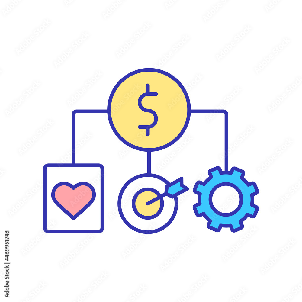 Social and economic development RGB color icon. Business focuses on profit and charity. Social entrepreneurship. Financial support. Isolated vector illustration. Simple filled line drawing Social and economic development RGB color icon. Business focuses on profit and charity. Social entrepreneurship. Financial support. Isolated vector illustration. Simple filled line drawing
