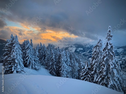 Coucher de soleil à la Rosière en Savoie avec de la neige fraîche sur les sapins © Will V