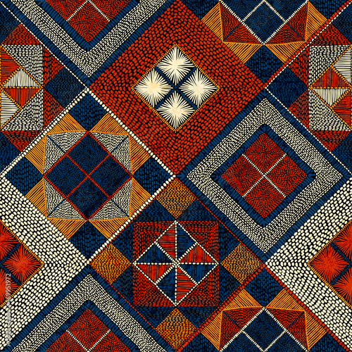 Seamless pattern in patchwork style. Embroidered print for carpet, textile, wallpaper, wrapping paper. Ethnic and tribal motifs. Handwork. Vector illustration.