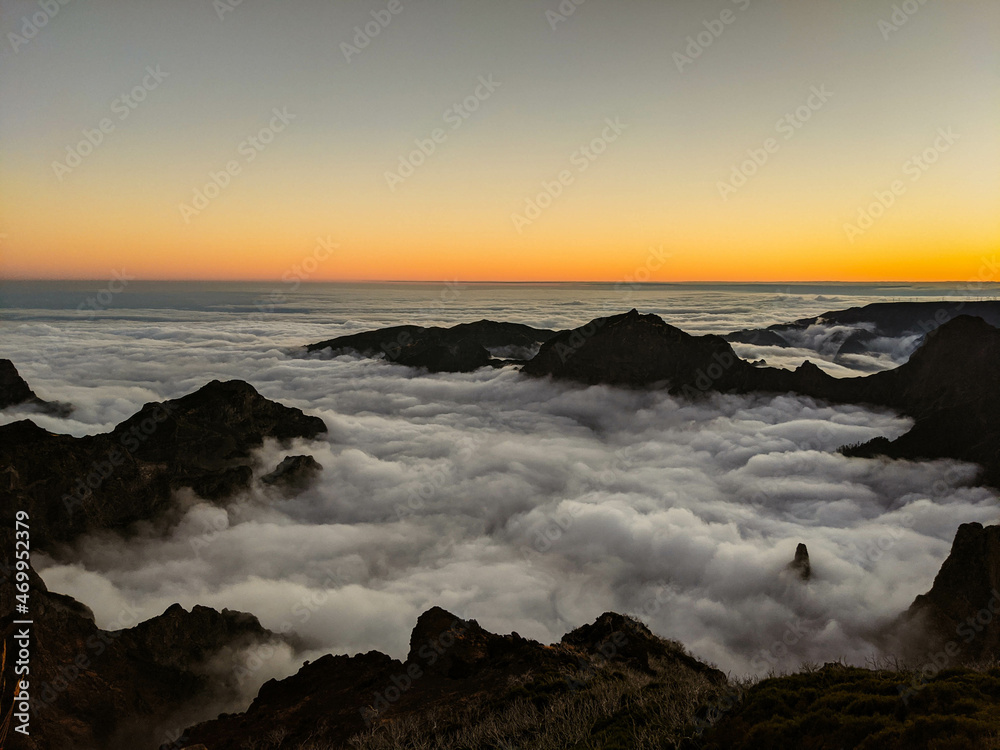 Sunset at Pico Ruivo above the clouds in Madeira, Portugal.