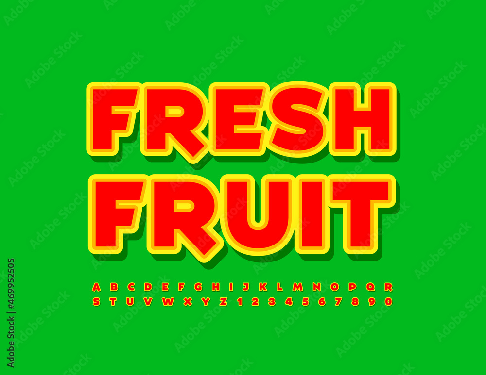 Fototapeta premium Vector marketing sign Fresh Fruit. Creative sticker Font. Bright set of Alphabet Letters and Numbers