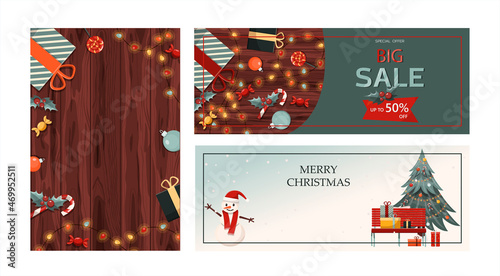 Set of flat vector banners Big Christmas sale. Cartoon Christmas template with festive decorations and food. New Year s card with a Christmas wreath, toys and garlands. Background for postcards and