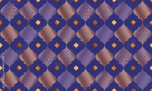 Laconic blue and gold Christmas baubles seamless pattern. Oriental style Xmas vector rapport for fabric, wrap, surface, web and print design. Gold wrapping paper pattern. 