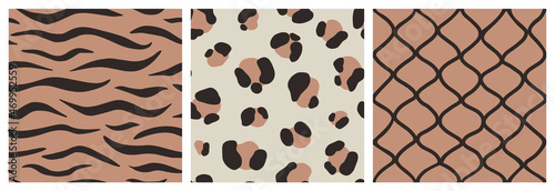 Set of Animal Skin Seamless Patterns: Tiger, Leopard, Snake print. Hand Drawn vector illustration in Boho Style. Modern trend design background in Earth tone.