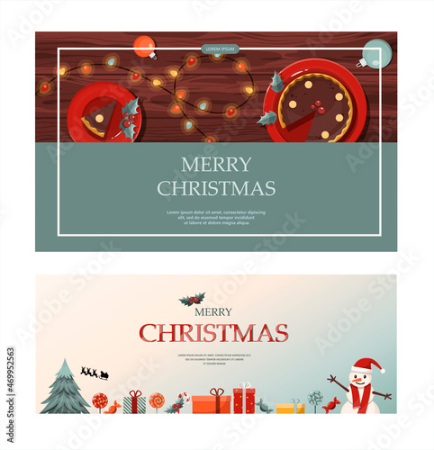 Set of flat vector banners Big Christmas sale. Cartoon Christmas template with festive decorations and food. New Year s card with a Christmas wreath, toys and garlands. Background for postcards and
