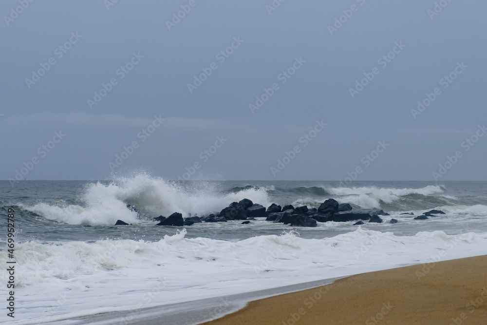 Empty beach during a rainy and stormy day on the Atlantic Ocean off the New Jersey Coast