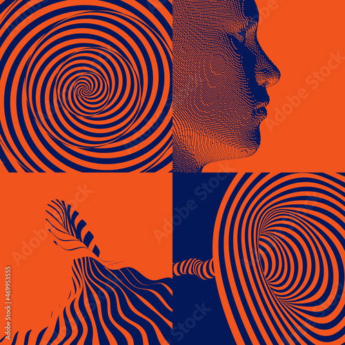 Abstract digital human head constructing from cubes. Cover design template. Geometric pattern. 3D vector illustration for brochure, poster, card, poster, presentation, flyer or banner.