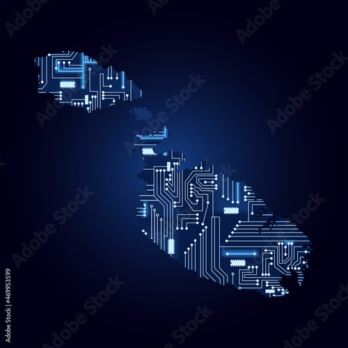 Contour map of Malta with a technological electronics circuit.