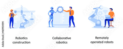 Robotics construction, Collaborative Robotics, Remotely Operated Robots. Machine work abstract concept vector illustration set.