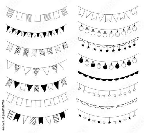 Garland of flags and Lights. Doodle freehand illustration. Vector. Holiday decoration. Contour black and white 