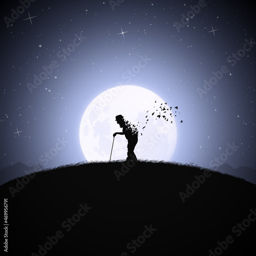 Fototapeta Naklejka Na Ścianę i Meble -  Old man with cane. Seniors silhouette. Death and afterlife. Full moon