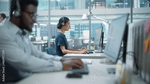 Wallpaper Mural Professional Investment Traders Talking into Headset, Working on Computer with Screen Showing Finance Statistics, Charts Strategy, Stock Market, Telemarketing. Big Office Call Center. Torontodigital.ca