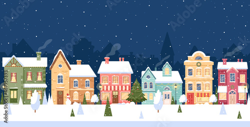 Winter city street. Vector Christmas town with colorful houses, falling snow, trees, snowman, festive garlands. Snowy night village landscape. Cityscape. Happy Holidays banner for New year and Xmas 