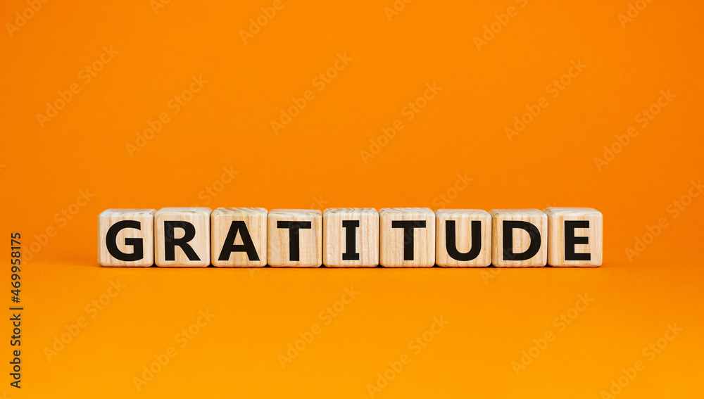 Gratitude symbol. The concept word Gratitude on wooden cubes. Beautiful orange table, orange background. Business and gratitude concept. Copy space. Gratitude symbol. The concept word Gratitude on wooden cubes. Beautiful orange table, orange background. Business and gratitude concept. Copy space.