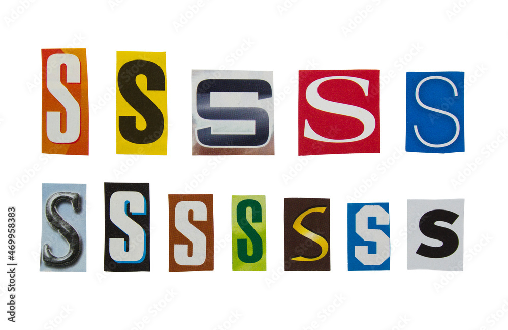 Alphabet letter S cutting from magazine paper. Newspaper clippings with letter S isolated on white background. Anonymous text concept. Alphabet letter S cutting from magazine paper. Newspaper clippings with letter S isolated on white background. Anonymous text concept.
