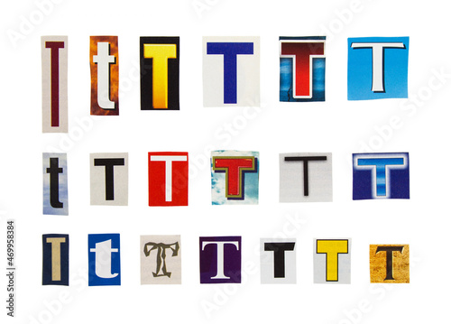 Alphabet letter T cutting from magazine paper. Newspaper clippings with letter T isolated on white background. Anonymous text concept.