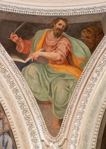 ROME, ITALY - AUGUST 29, 2021: The fresco of St. Mark the Evangelist in the church Chiesa di San Francesco a Ripa by Giovani Battista Ricci - il Navarro (1620).