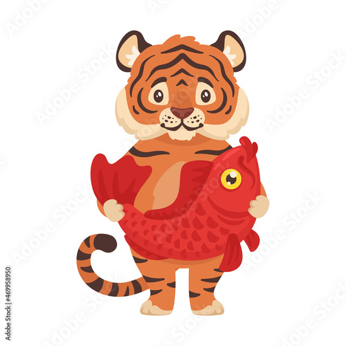 illustration of a cute tiger holding goldfish