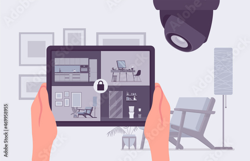 CCTV, tablet app for video surveillance. Closed circuit television equipment security and home protection. Hand holding computer with four rooms on screen. Vector flat style cartoon illustration