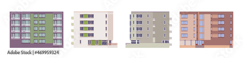 Residential building set, towering apartment blocks facade. Contemporary industrial urban planning, concrete panels, multi-family home. Vector flat style cartoon illustration, modular floor sections