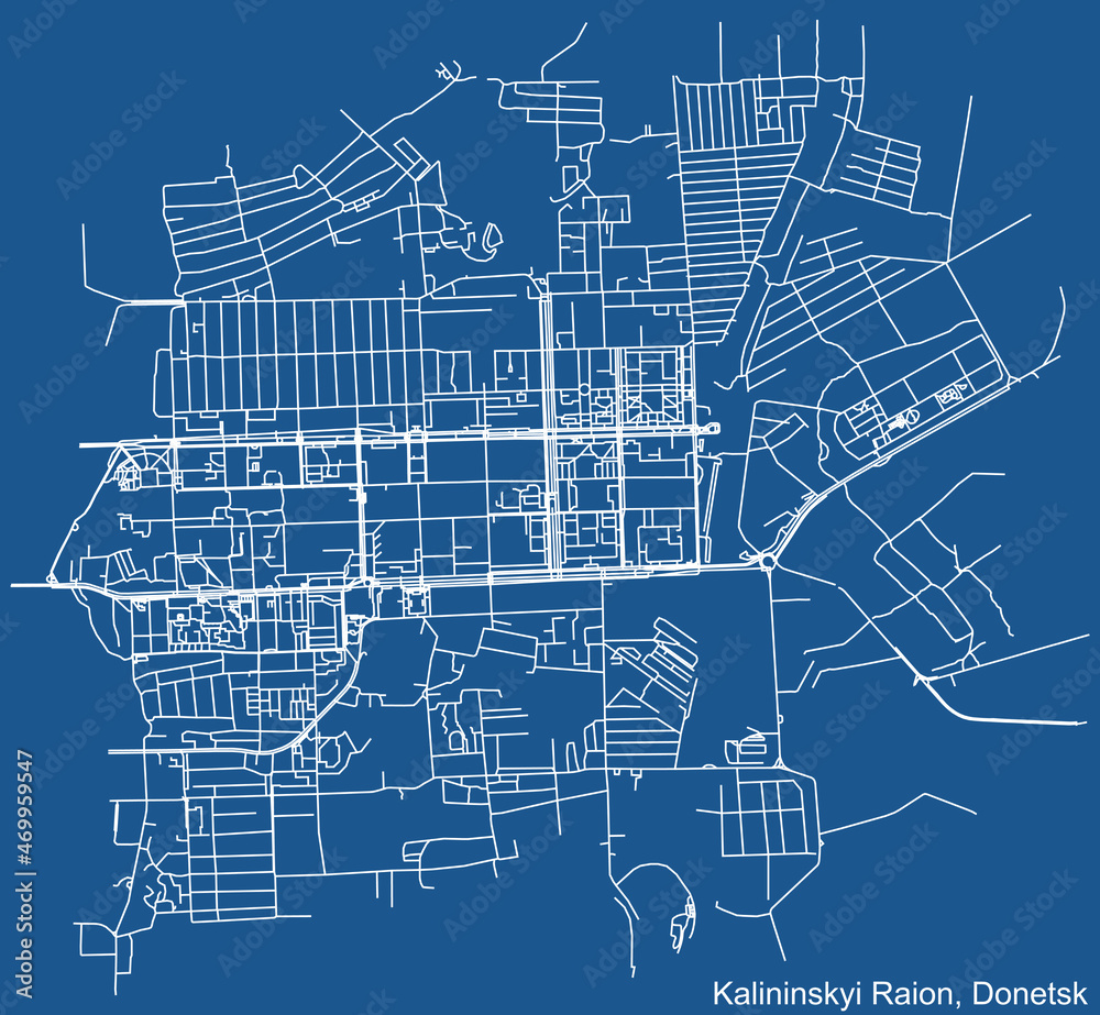 Detailed technical drawing navigation urban street roads map on blue background of the quarter Kalininskyi District of the Ukrainian regional capital city of Donetsk, Ukraine