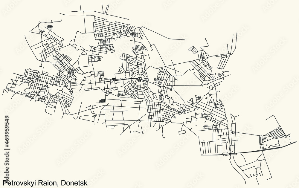 Detailed navigation urban street roads map on vintage beige background of the quarter Petrovsky District of the Ukrainian regional capital city of Donetsk, Ukraine