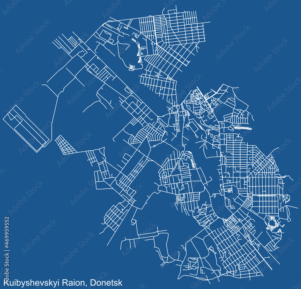 Detailed technical drawing navigation urban street roads map on blue background of the quarter Kuibyshevskyi District of the Ukrainian regional capital city of Donetsk, Ukraine
