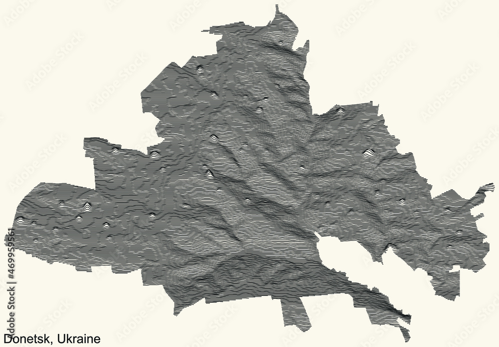 Topographic relief map of the city of Donetsk, Ukraine with black contour lines on vintage beige background