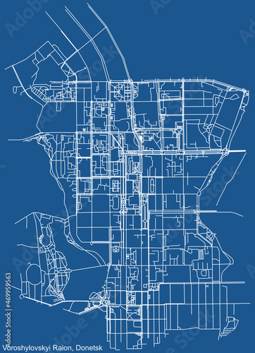 Detailed technical drawing navigation urban street roads map on blue background of the quarter Voroshylovskyi District of the Ukrainian regional capital city of Donetsk, Ukraine