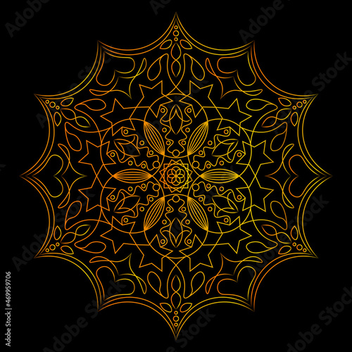 Round gorgeous mandala on dreamy gradient background. Vector hipster design in magic colors. Yoga style template. 