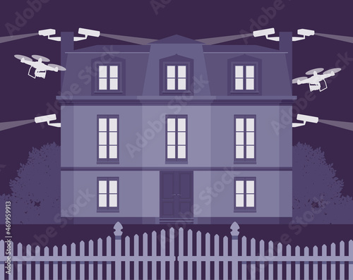 Mansion, large rich impressive house equipped with cameras, drones. Privacy, excessive protection or shielding, secret closed life, safety and confidentiality. Vector flat style cartoon illustration