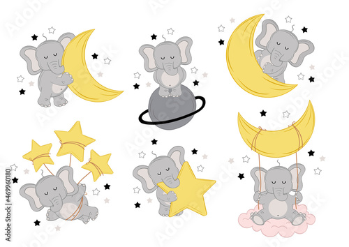 set of isolated sleeping elephants with moon and stars