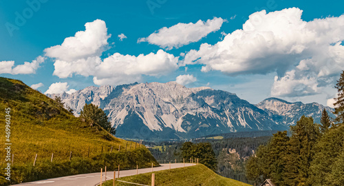Beautiful alpine summer view with reflections and the famous Dachstein mountains in the background at the Reiteralm, Pichl, Schladming, Steiermark, Austria