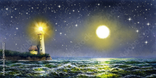 Digital oil paintings sea landscape, fine art, lighthouse on the beach, sky with stars and clouds