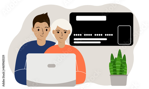 Modern couple with laptop. Progressive men and women use laptops to order, pay or buy online with a credit card