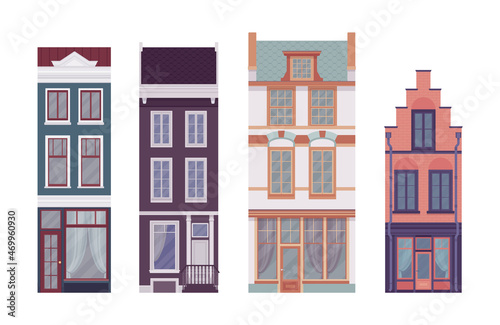 Townhouse set, slim, high houses with stepped gable, mansard rooftop. Beautiful building facade, attic to trade or store goods, vintage brick pattern design. Vector flat style cartoon illustration