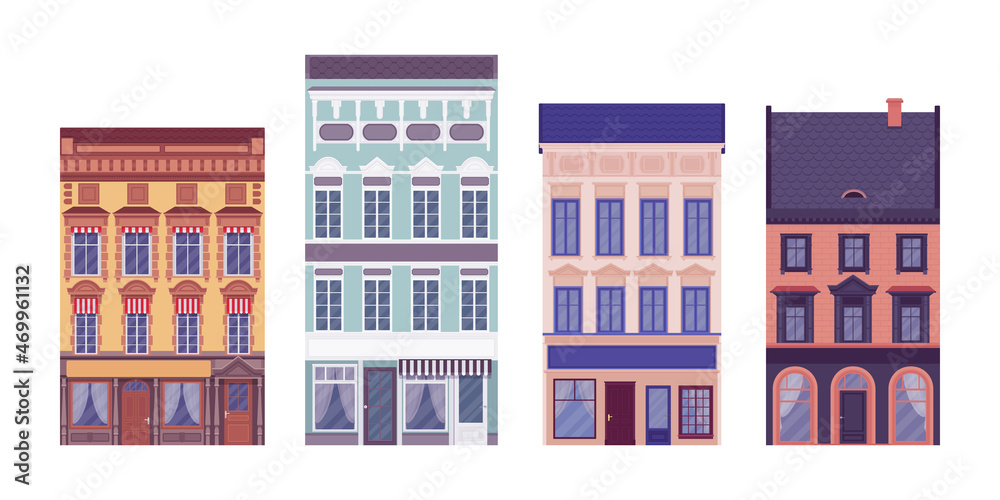Townhouse set, public buildings, commercial and residential design. Detached houses with elaborate ornament, classical beautiful facade, merchant first floor. Vector flat style cartoon illustration
