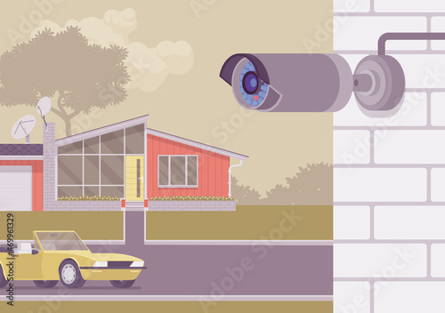 Street house wall CCTV, outdoor bullet camera, closed circuit television system equipment. Home security technology, professional video surveillance, control. Vector flat style cartoon illustration