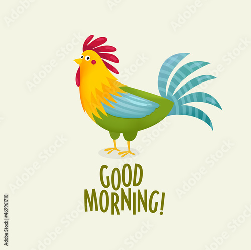 Print. Vector illustration of a rooster saying good morning. farm. bird. cartoon rooster.
