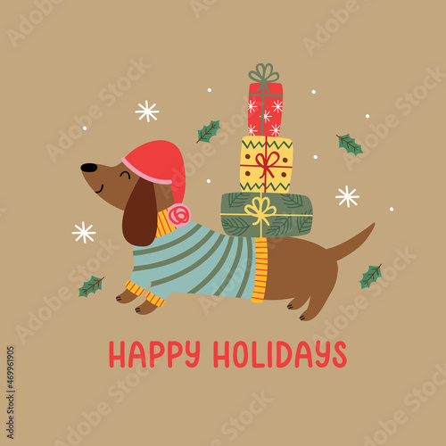 Greeting card with  funny dachshund and gifts