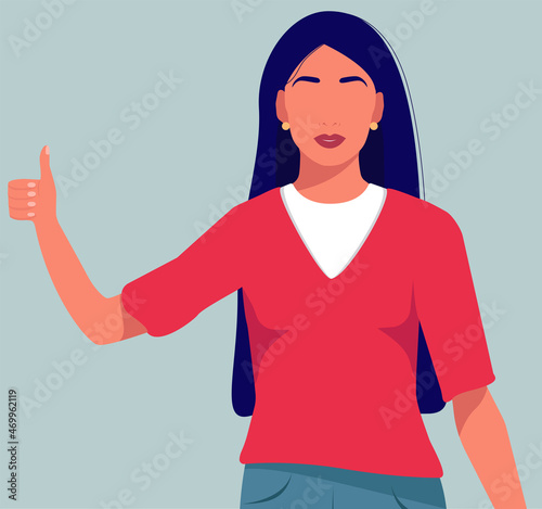 The girl gives a thumbs up and smiles. Flat vector illustration of a girl. All right.