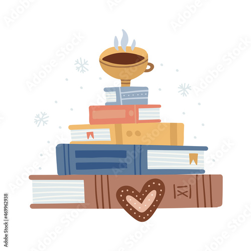 A mug of hot beverage on a stack of books in the shape of a christmas tree. Vector flat hand drawn illustration