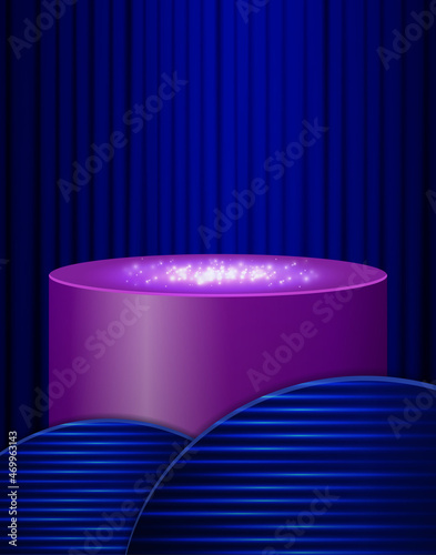 Vector blue curtain background with empty purple podium