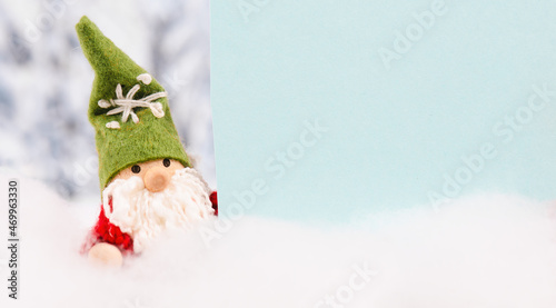 Little cute christmas gnome standing in the snow  forest  festive greeting card  copy space  wintertime