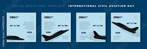 Set of social media post template with flying black airplane vector illustration. International civil aviation day template design.